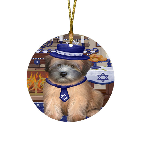 Happy Hanukkah Family and Happy Hanukkah Both Wheaten Terrier Dog Round Flat Christmas Ornament RFPOR57711
