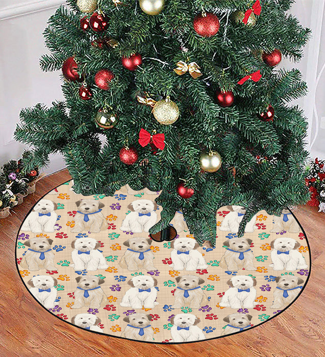 Rainbow Paw Print Wheaten Terrier Dogs Blue Christmas Tree Skirt