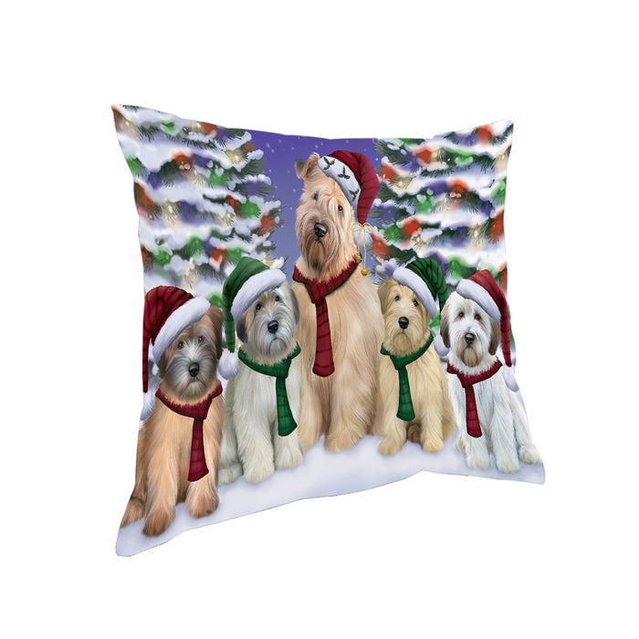 Wheaten Terriers Dog Christmas Family Portrait in Holiday Scenic Background Pillow PIL67044