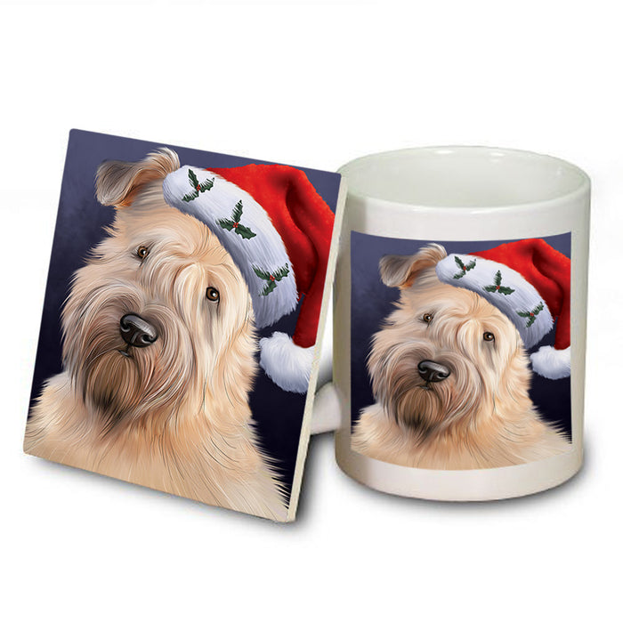 Christmas Holidays Wheaten Terrier Dog Wearing Santa Hat Portrait Head Mug and Coaster Set MUC53499