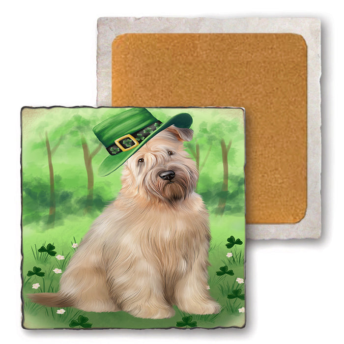 St. Patricks Day Irish Portrait Wheaten Terrier Dog Set of 4 Natural Stone Marble Tile Coasters MCST52055