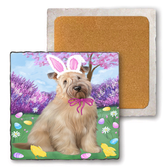 Easter Holiday Wheaten Terrier Dog Set of 4 Natural Stone Marble Tile Coasters MCST51951