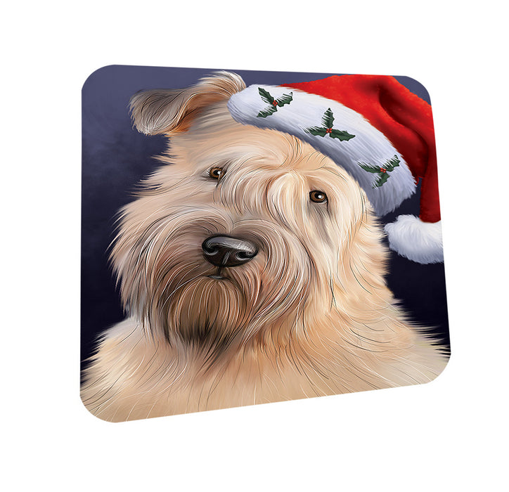 Christmas Holidays Wheaten Terrier Dog Wearing Santa Hat Portrait Head Coasters Set of 4 CST53465