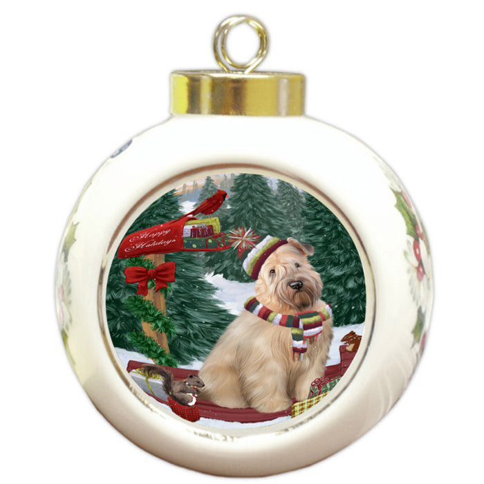 Merry Christmas Woodland Sled Wheaten Terrier Dog Round Ball Christmas Ornament RBPOR55425