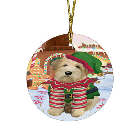 Christmas Gingerbread House Candyfest Wheaten Terrier Dog Round Flat Christmas Ornament RFPOR56952