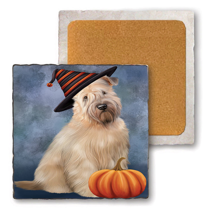 Happy Halloween Wheaten Terrier Dog Wearing Witch Hat with Pumpkin Set of 4 Natural Stone Marble Tile Coasters MCST49750