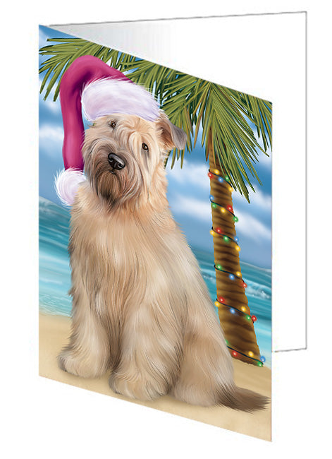 Summertime Happy Holidays Christmas Wheaten Terrier Dog on Tropical Island Beach Handmade Artwork Assorted Pets Greeting Cards and Note Cards with Envelopes for All Occasions and Holiday Seasons GCD67808