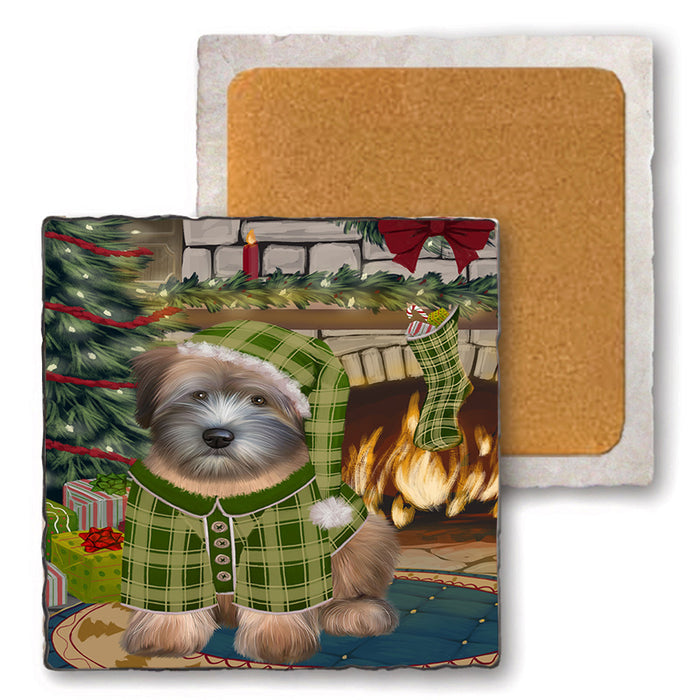 The Stocking was Hung Wheaten Terrier Dog Set of 4 Natural Stone Marble Tile Coasters MCST50658