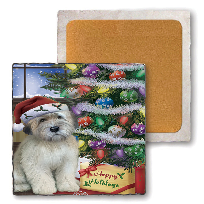 Christmas Happy Holidays Wheaten Terrier Dog with Tree and Presents Set of 4 Natural Stone Marble Tile Coasters MCST48477
