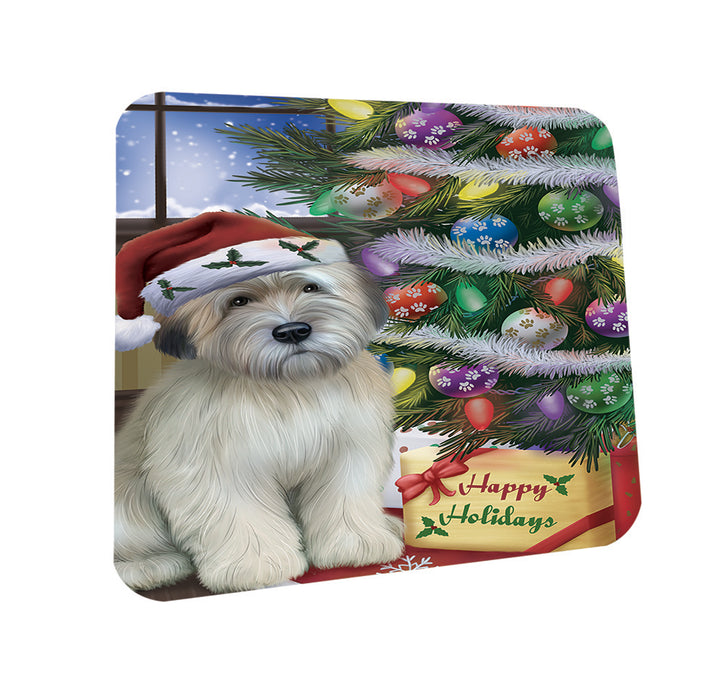 Christmas Happy Holidays Wheaten Terrier Dog with Tree and Presents Coasters Set of 4 CST53435