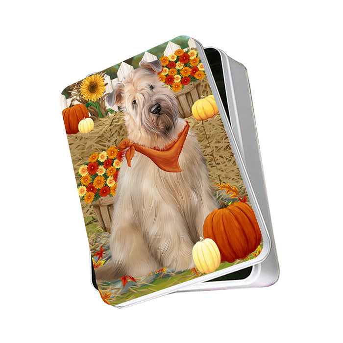 Fall Autumn Greeting Wheaten Terrier Dog with Pumpkins Photo Storage Tin PITN52353