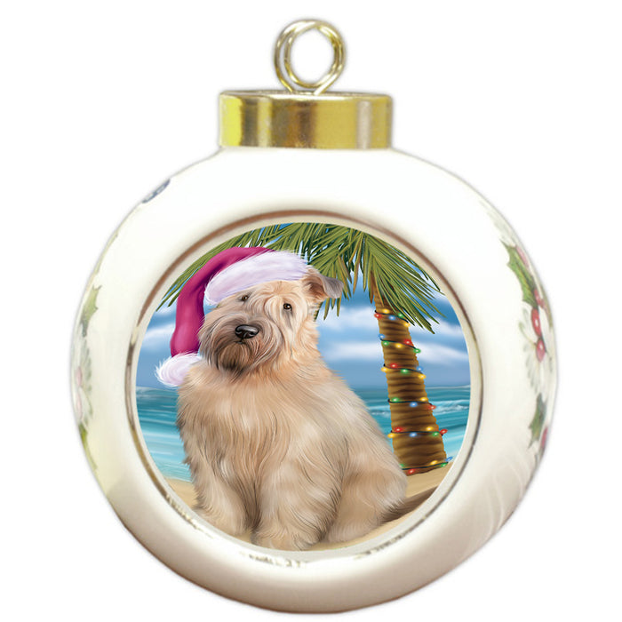 Summertime Happy Holidays Christmas Wheaten Terrier Dog on Tropical Island Beach Round Ball Christmas Ornament RBPOR54593