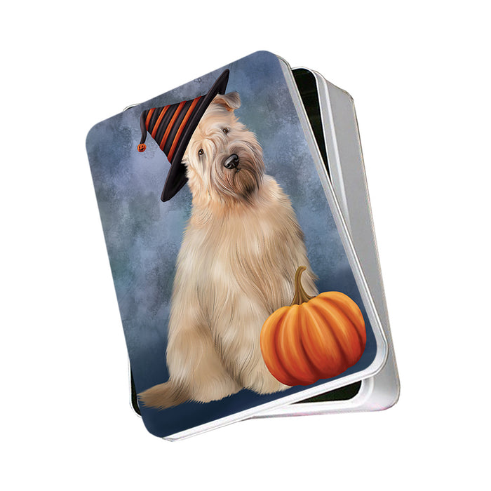 Happy Halloween Wheaten Terrier Dog Wearing Witch Hat with Pumpkin Photo Storage Tin PITN54693