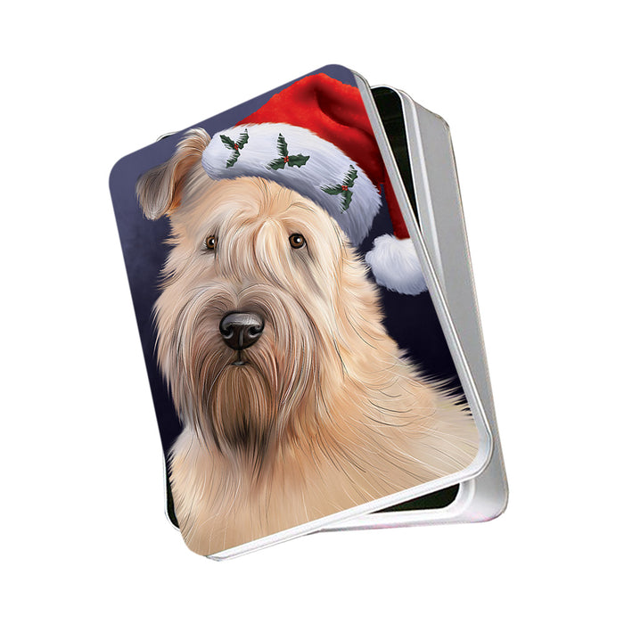 Christmas Holidays Wheaten Terrier Dog Wearing Santa Hat Portrait Head Photo Storage Tin PITN53507