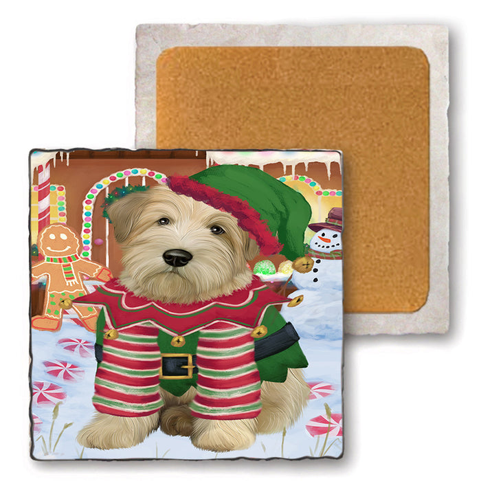 Christmas Gingerbread House Candyfest Wheaten Terrier Dog Set of 4 Natural Stone Marble Tile Coasters MCST51596