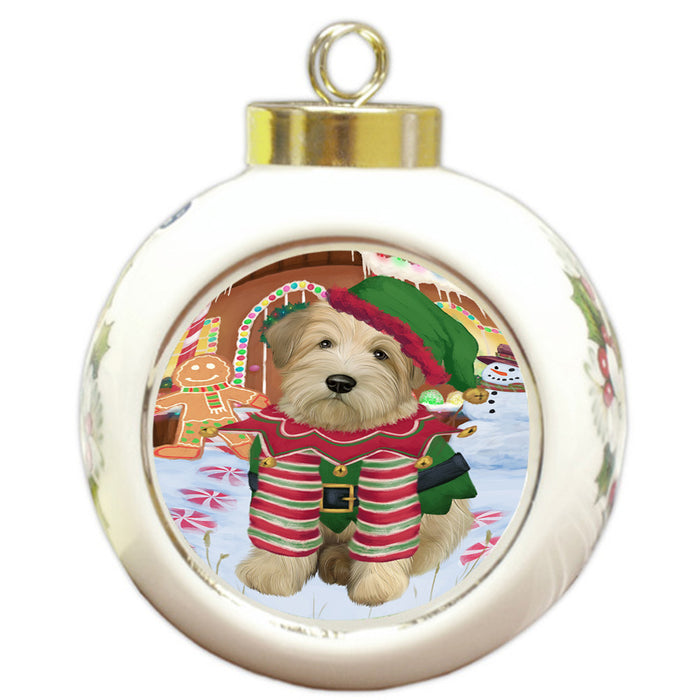 Christmas Gingerbread House Candyfest Wheaten Terrier Dog Round Ball Christmas Ornament RBPOR56952