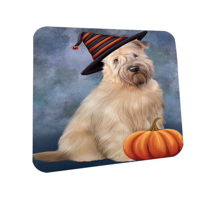 Happy Halloween Wheaten Terrier Dog Wearing Witch Hat with Pumpkin Coasters Set of 4 CST54708