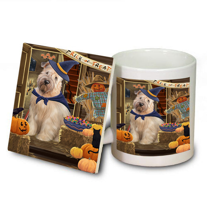 Enter at Own Risk Trick or Treat Halloween Wheaten Terrier Dog Mug and Coaster Set MUC53331