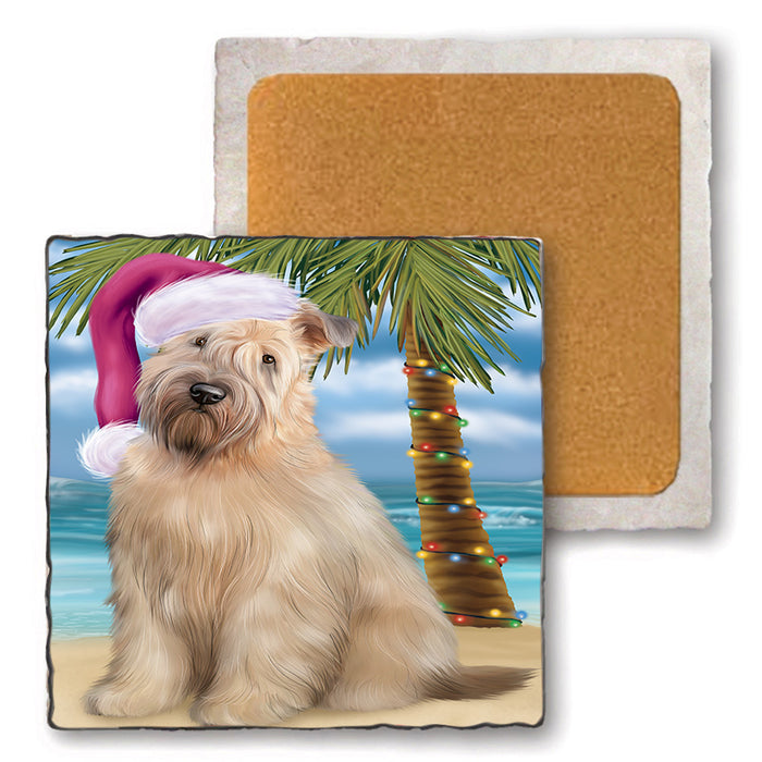 Summertime Happy Holidays Christmas Wheaten Terrier Dog on Tropical Island Beach Set of 4 Natural Stone Marble Tile Coasters MCST49465