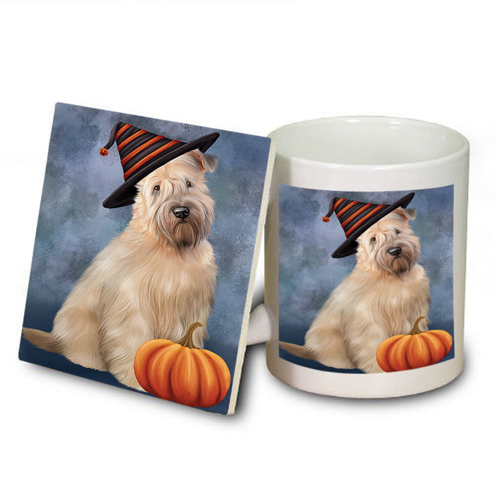 Happy Halloween Wheaten Terrier Dog Wearing Witch Hat with Pumpkin Mug and Coaster Set MUC54742