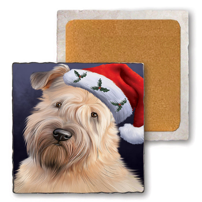 Christmas Holidays Wheaten Terrier Dog Wearing Santa Hat Portrait Head Set of 4 Natural Stone Marble Tile Coasters MCST48507