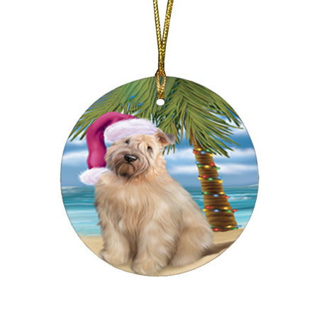 Summertime Happy Holidays Christmas Wheaten Terrier Dog on Tropical Island Beach Round Flat Christmas Ornament RFPOR54584