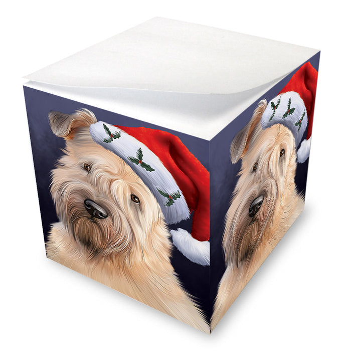 Christmas Holidays Wheaten Terrier Dog Wearing Santa Hat Portrait Head Note Cube NOC55153
