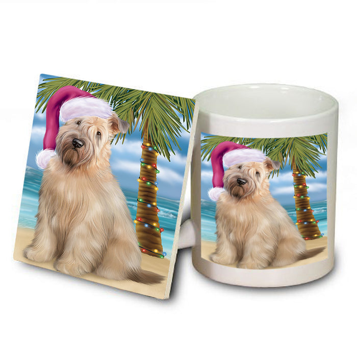 Summertime Happy Holidays Christmas Wheaten Terrier Dog on Tropical Island Beach Mug and Coaster Set MUC54457