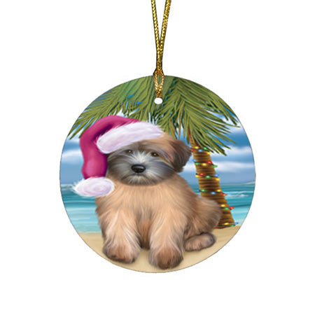 Summertime Happy Holidays Christmas Wheaten Terrier Dog on Tropical Island Beach Round Flat Christmas Ornament RFPOR54585