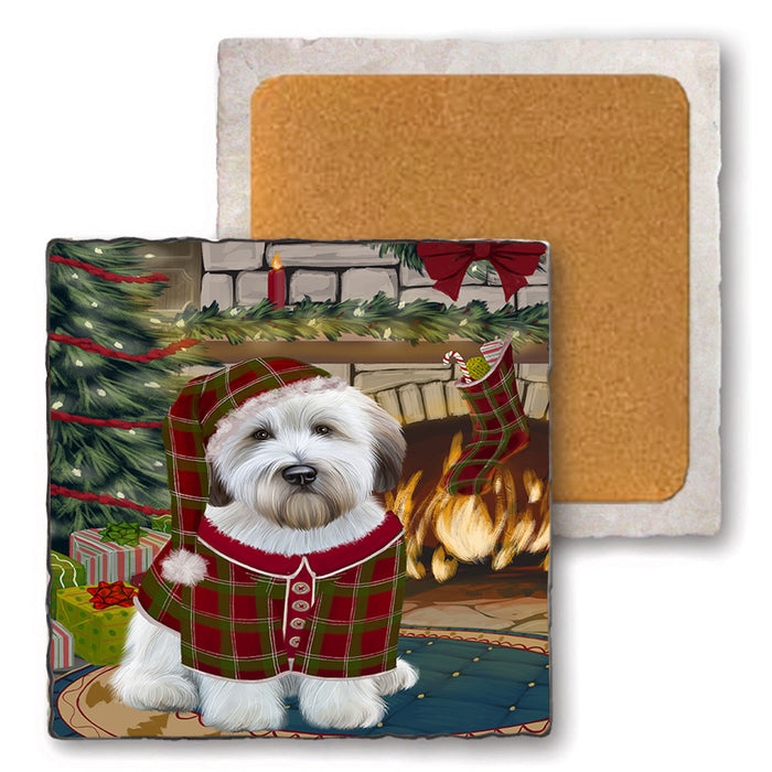 The Stocking was Hung Wheaten Terrier Dog Set of 4 Natural Stone Marble Tile Coasters MCST50659