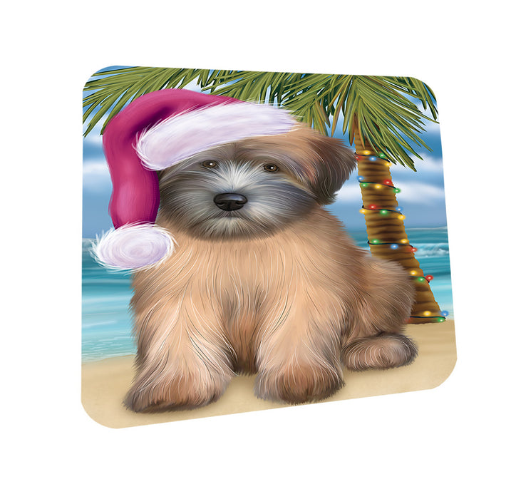 Summertime Happy Holidays Christmas Wheaten Terrier Dog on Tropical Island Beach Coasters Set of 4 CST54424