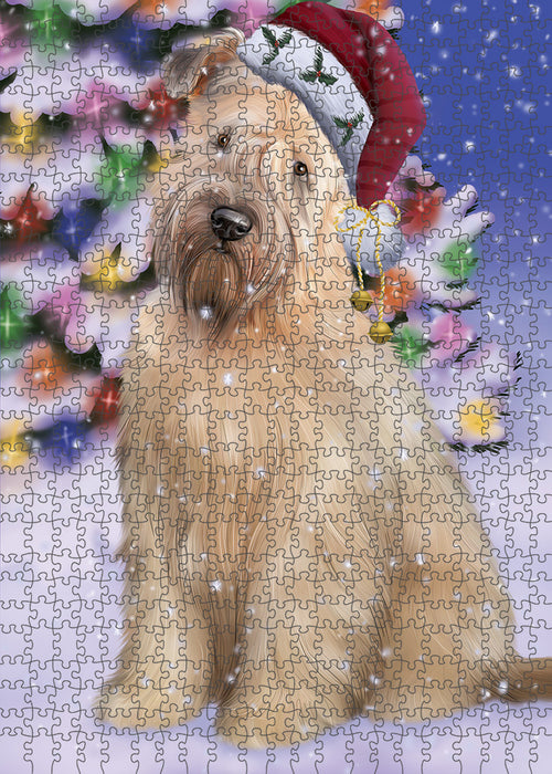 Winterland Wonderland Wheaten Terrier Dog In Christmas Holiday Scenic Background Puzzle with Photo Tin PUZL82300