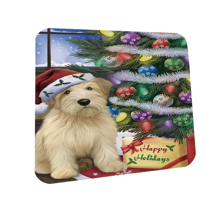 Christmas Happy Holidays Wheaten Terrier Dog with Tree and Presents Coasters Set of 4 CST53436