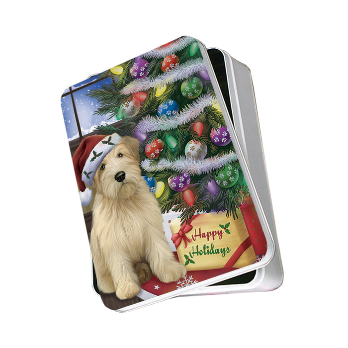 Christmas Happy Holidays Wheaten Terrier Dog with Tree and Presents Photo Storage Tin PITN53478