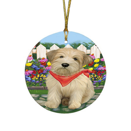 Spring Floral Wheaten Terrier Dog Round Flat Christmas Ornament RFPOR52274