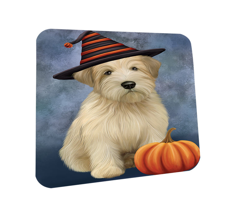 Happy Halloween Wheaten Terrier Dog Wearing Witch Hat with Pumpkin Coasters Set of 4 CST54709