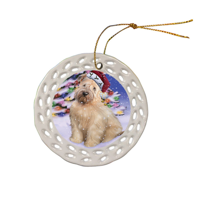 Winterland Wonderland Wheaten Terrier Dog In Christmas Holiday Scenic Background Ceramic Doily Ornament DPOR53786