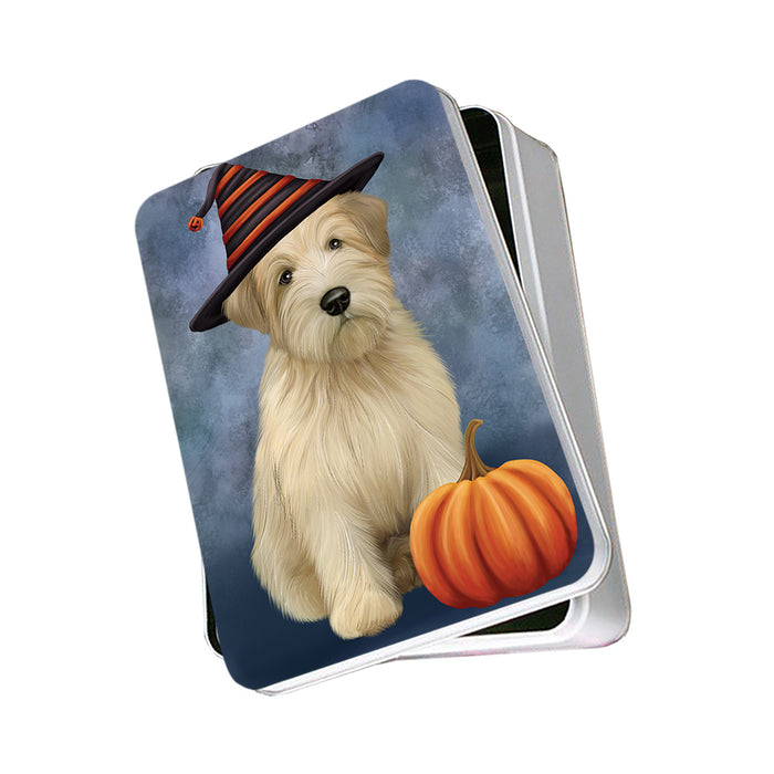 Happy Halloween Wheaten Terrier Dog Wearing Witch Hat with Pumpkin Photo Storage Tin PITN54694