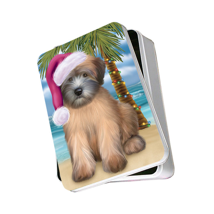 Summertime Happy Holidays Christmas Wheaten Terrier Dog on Tropical Island Beach Photo Storage Tin PITN54409