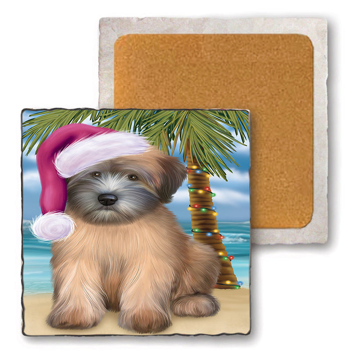 Summertime Happy Holidays Christmas Wheaten Terrier Dog on Tropical Island Beach Set of 4 Natural Stone Marble Tile Coasters MCST49466