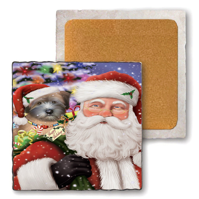 Santa Carrying Wheaten Terrier Dog and Christmas Presents Set of 4 Natural Stone Marble Tile Coasters MCST48708