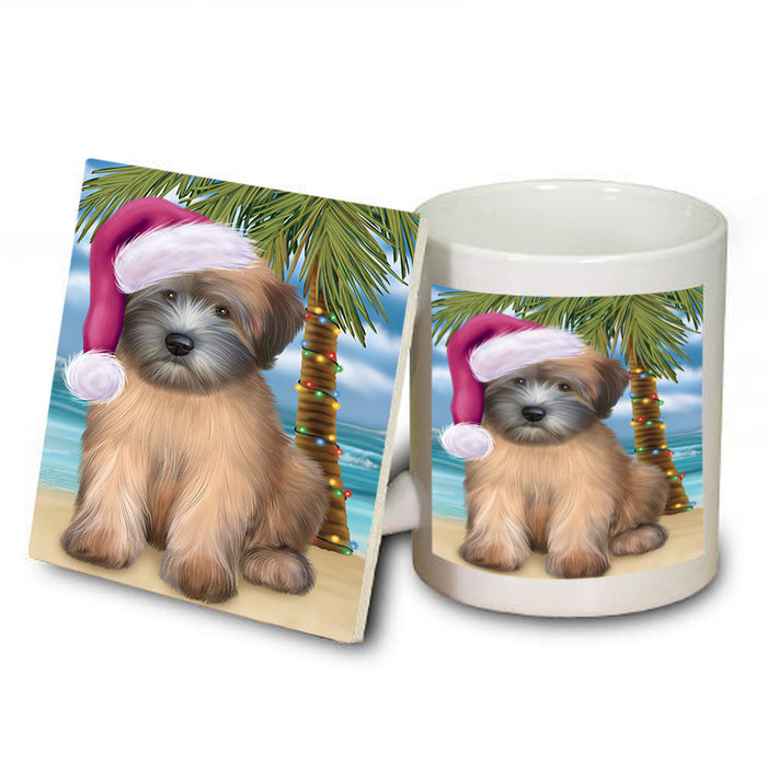 Summertime Happy Holidays Christmas Wheaten Terrier Dog on Tropical Island Beach Mug and Coaster Set MUC54458