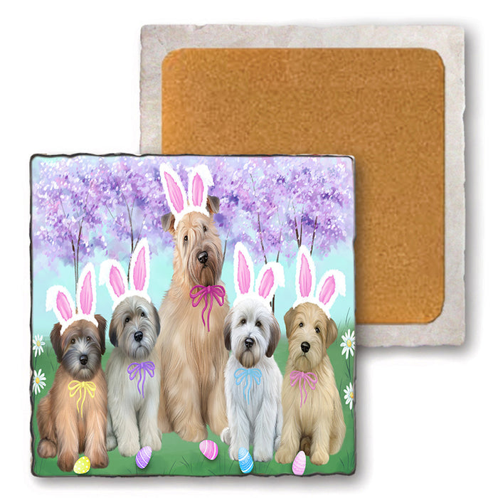 Easter Holiday Wheaten Terriers Dog Set of 4 Natural Stone Marble Tile Coasters MCST51952