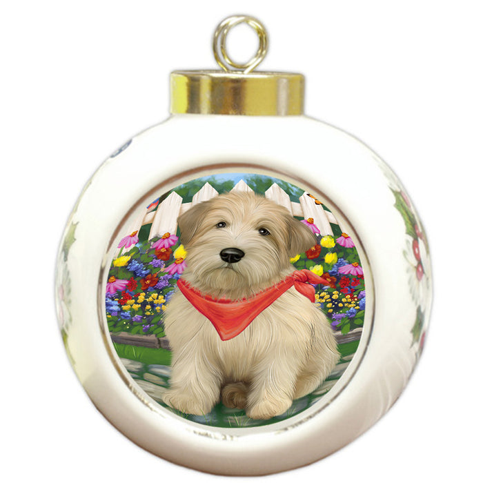 Spring Floral Wheaten Terrier Dog Round Ball Christmas Ornament RBPOR52283