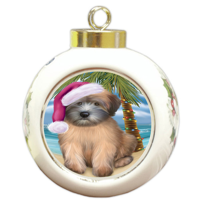 Summertime Happy Holidays Christmas Wheaten Terrier Dog on Tropical Island Beach Round Ball Christmas Ornament RBPOR54594