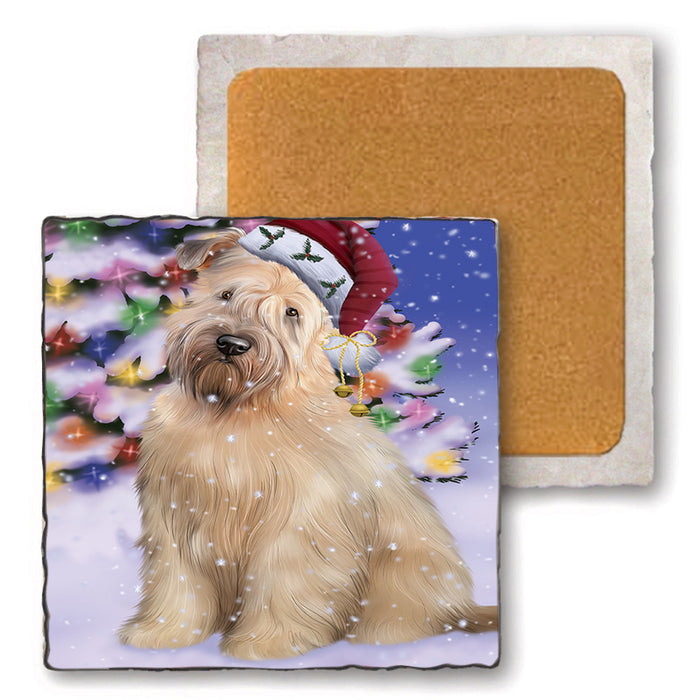 Winterland Wonderland Wheaten Terrier Dog In Christmas Holiday Scenic Background Set of 4 Natural Stone Marble Tile Coasters MCST48786