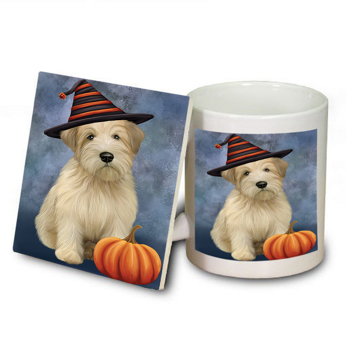 Happy Halloween Wheaten Terrier Dog Wearing Witch Hat with Pumpkin Mug and Coaster Set MUC54743