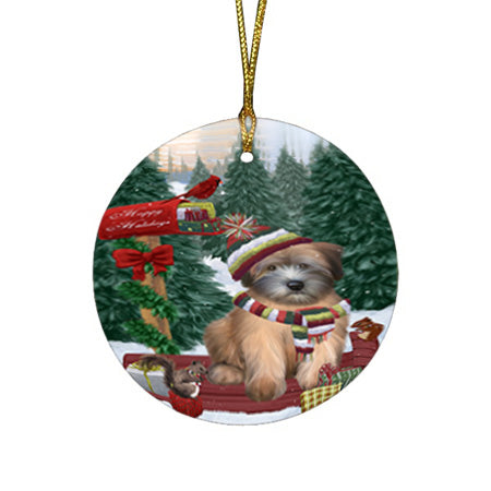 Merry Christmas Woodland Sled Wheaten Terrier Dog Round Flat Christmas Ornament RFPOR55426