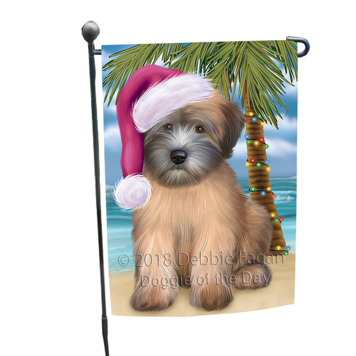Summertime Happy Holidays Christmas Wheaten Terrier Dog on Tropical Island Beach Garden Flag GFLG54656