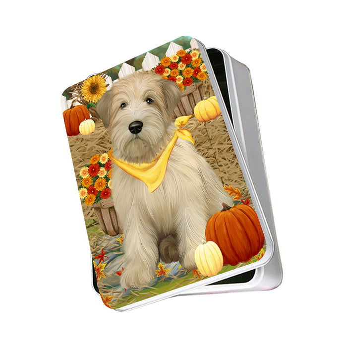 Fall Autumn Greeting Wheaten Terrier Dog with Pumpkins Photo Storage Tin PITN52354